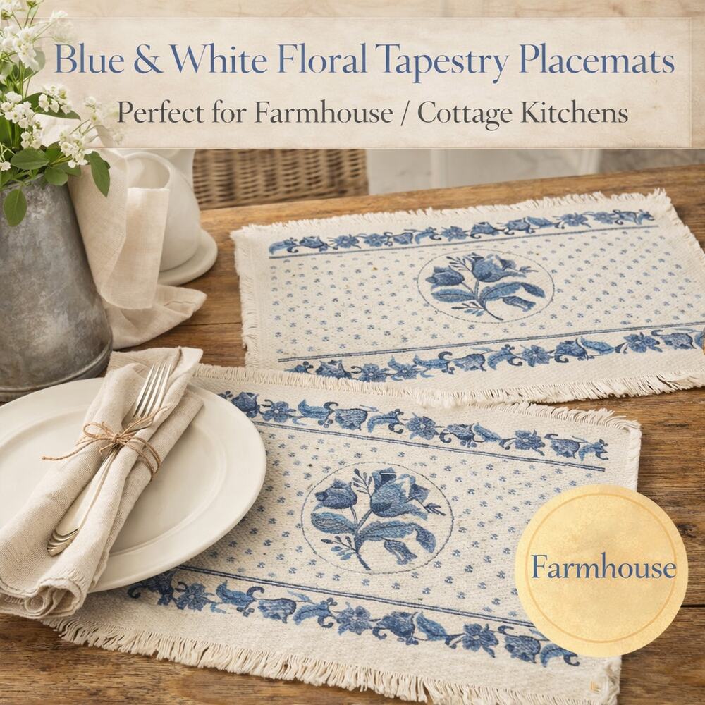 Blue White Floral Tapestry Placemats Fringe Cottage Farmhouse Set of 10